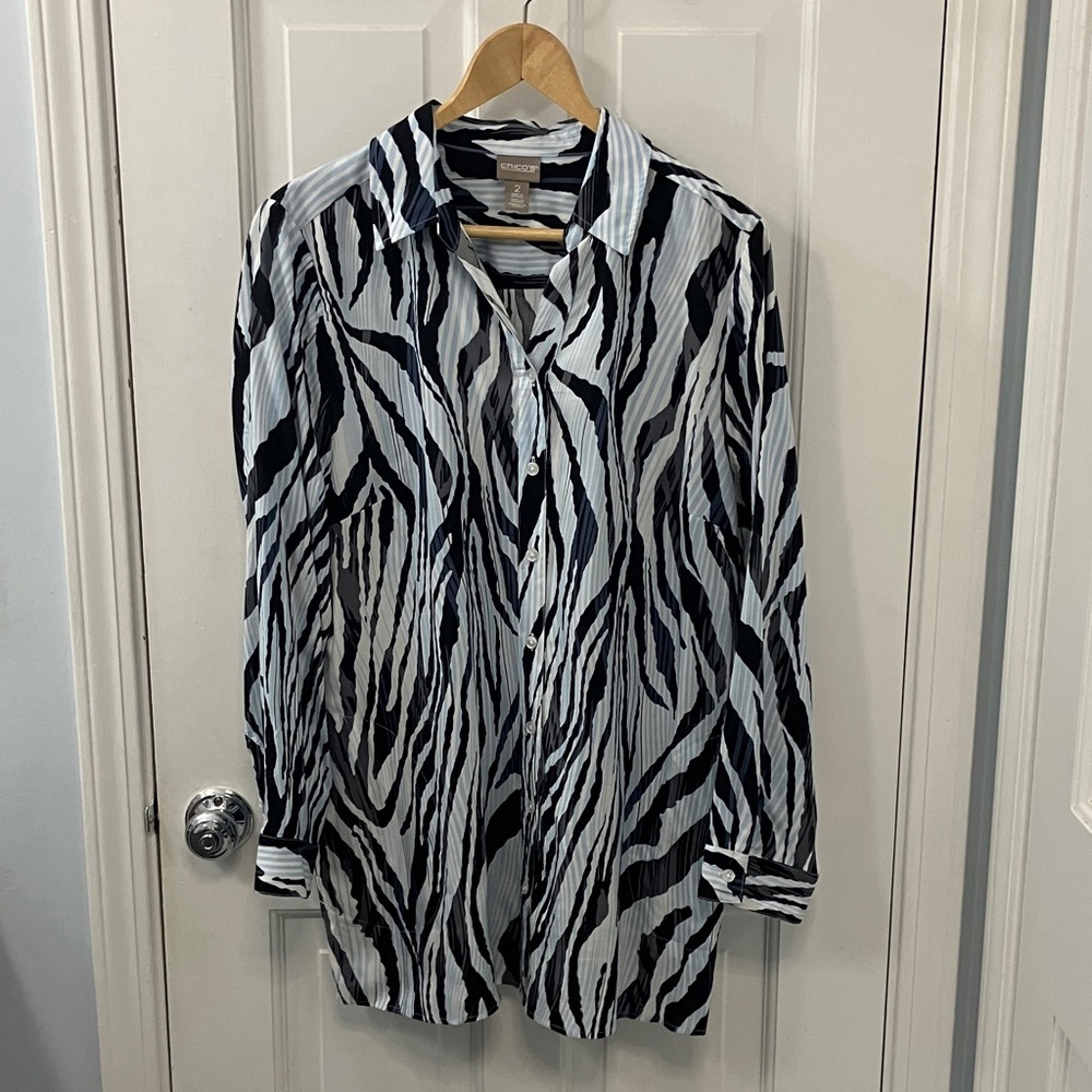 Chico's black White blue Striped Shirt Blouse button up zebra Chicos 2 womens 12